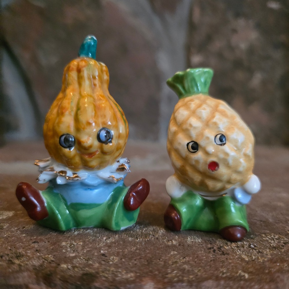 Vintage Anthropomorphic Squash Pineapple Salt Pepper Shakers Japan MCM Grandma